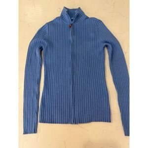 J.McLaughlin Womens Ribbed Full Zip Cardigan Sweater Blue Mock Neck Small